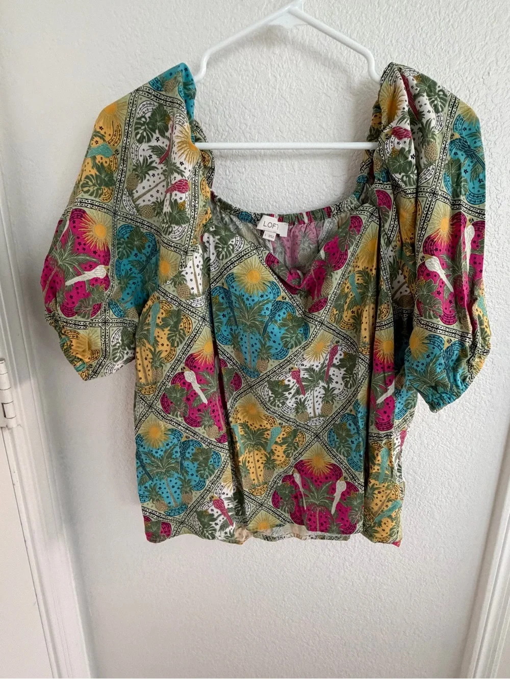 LOFT Multicolor Puff-Sleeve Printed Blouse - Blue/Green/Pink/Yellow